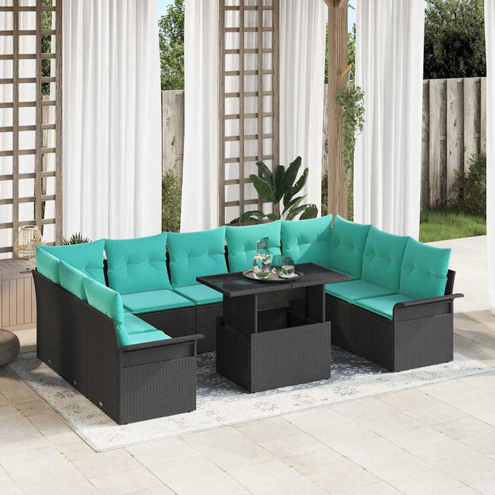 Havesofa Sæt med pude 10 pcs Sort Poly rattan