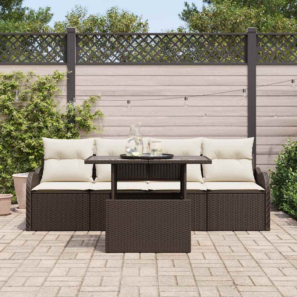 Havesofa Sæt med pude 5 pcs Brun Poly rattan