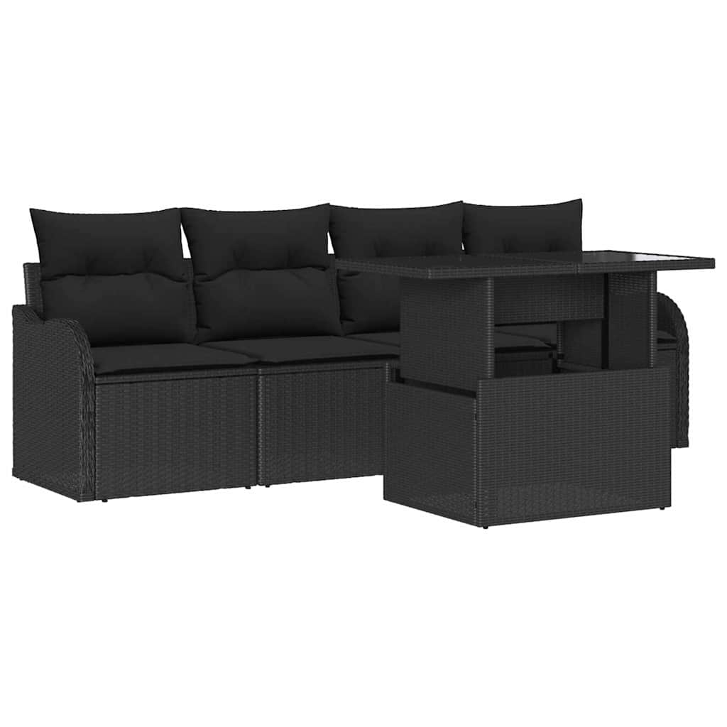 Havesofa Sæt med pude 5 pcs Sort Poly rattan