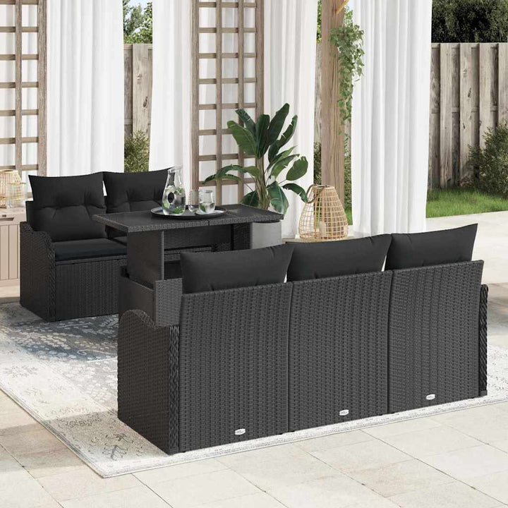 Havesofa Sæt med pude 6 pcs Sort polyrattan