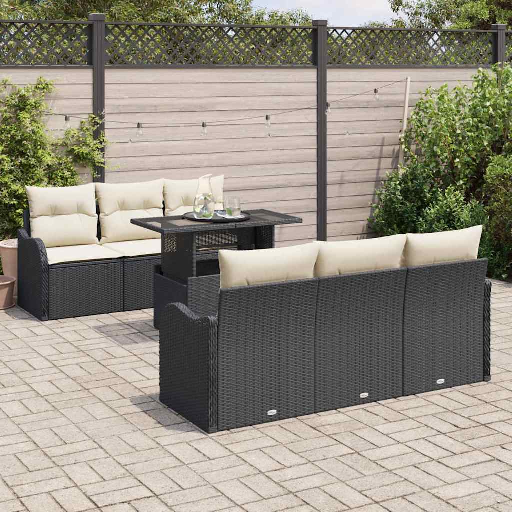 Havesofa Sæt med pude 7 pcs Sort Poly rattan