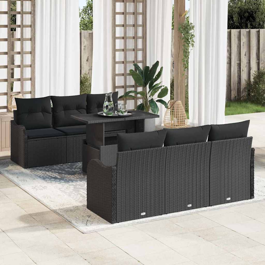 Havesofa Sæt med pude 7 pcs Sort Poly rattan