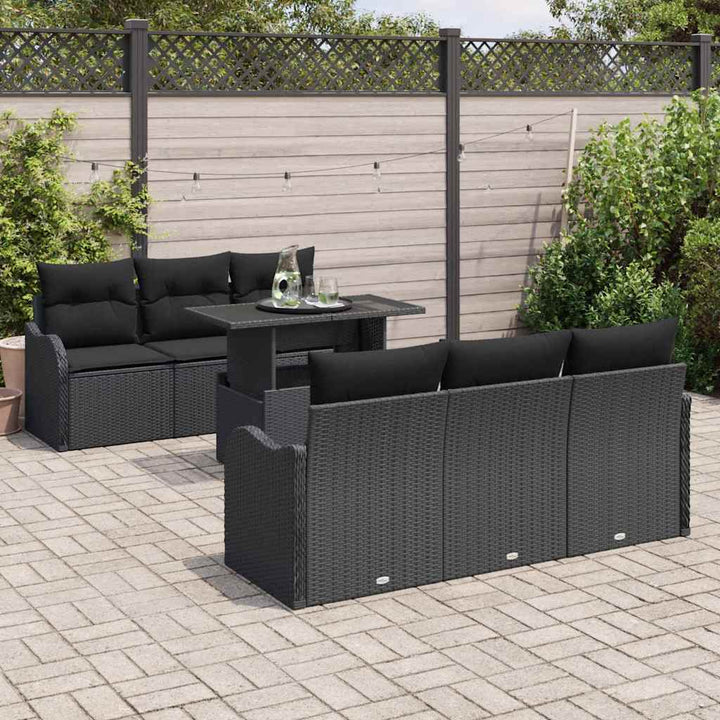 Havesofa Sæt med pude 7 pcs Sort Poly rattan