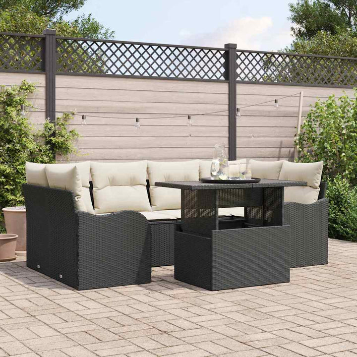 Havesofa Sæt med pude 7 pcs Sort Poly rattan