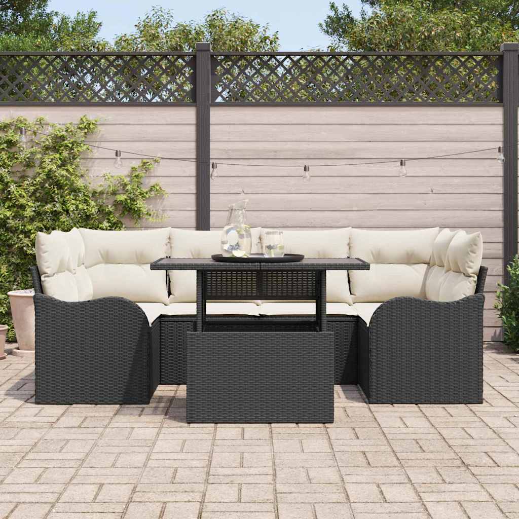 Havesofa Sæt med pude 7 pcs Sort Poly rattan