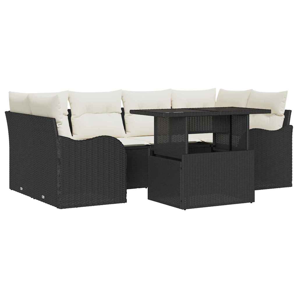 Havesofa Sæt med pude 7 pcs Sort Poly rattan