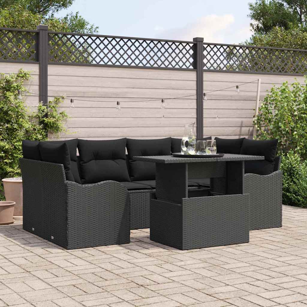 Havesofa Sæt med pude 7 pcs Sort Poly rattan