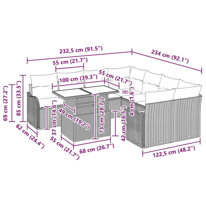 Havesofa Sæt med pude 9 pcs Sort Poly rattan