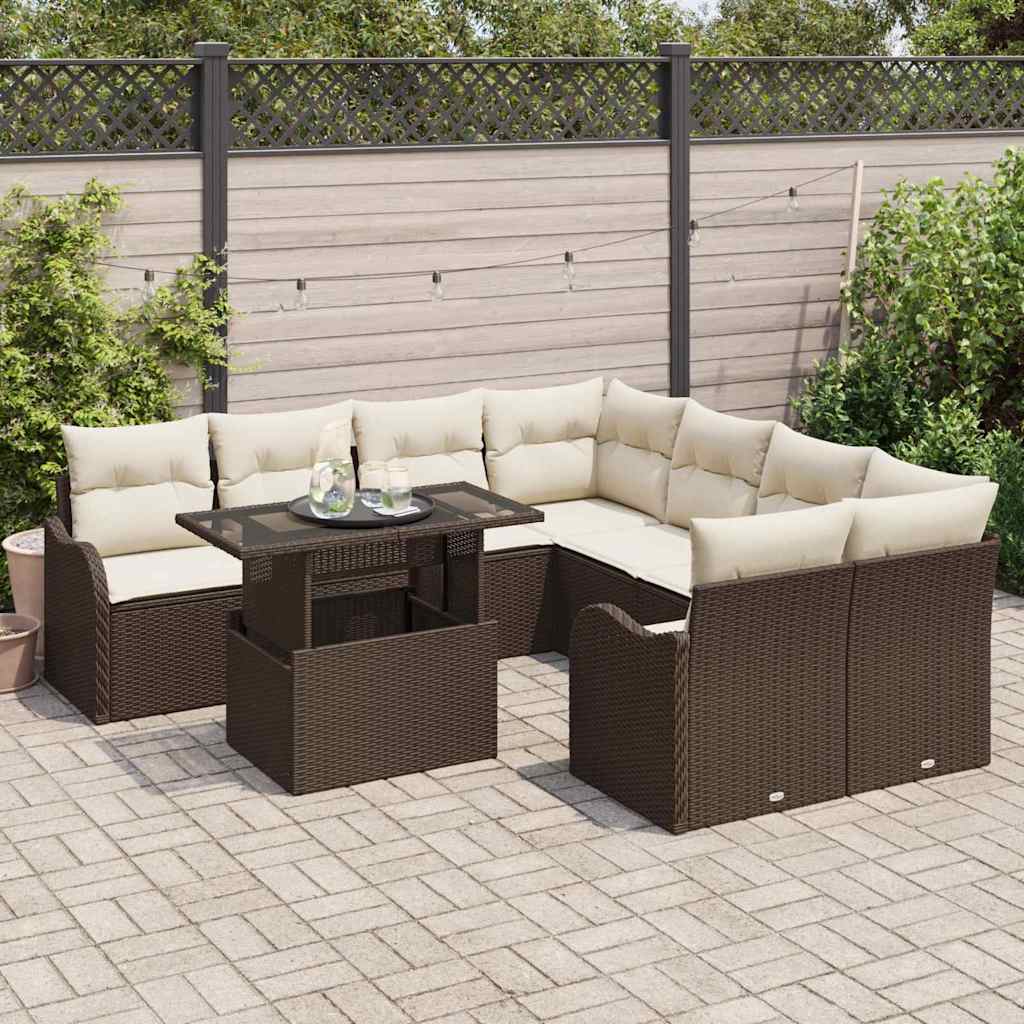 Havesofa Sæt med pude 9 pcs Brun Poly rattan