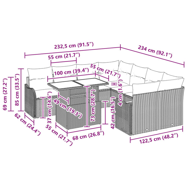 Havesofa Sæt med pude 9 pcs Brun Poly rattan