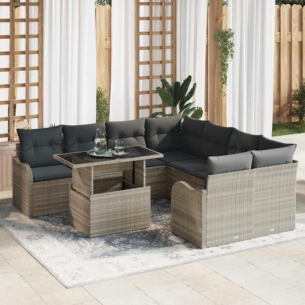 Havesofa Sæt med pude 9 pcs Lysegrå Poly rattan