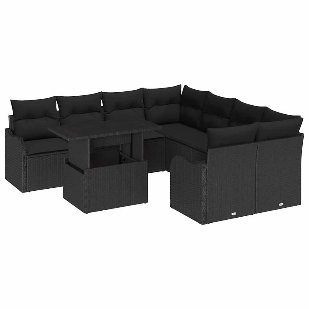 Havesofa Sæt med pude 9 pcs Sort Poly rattan