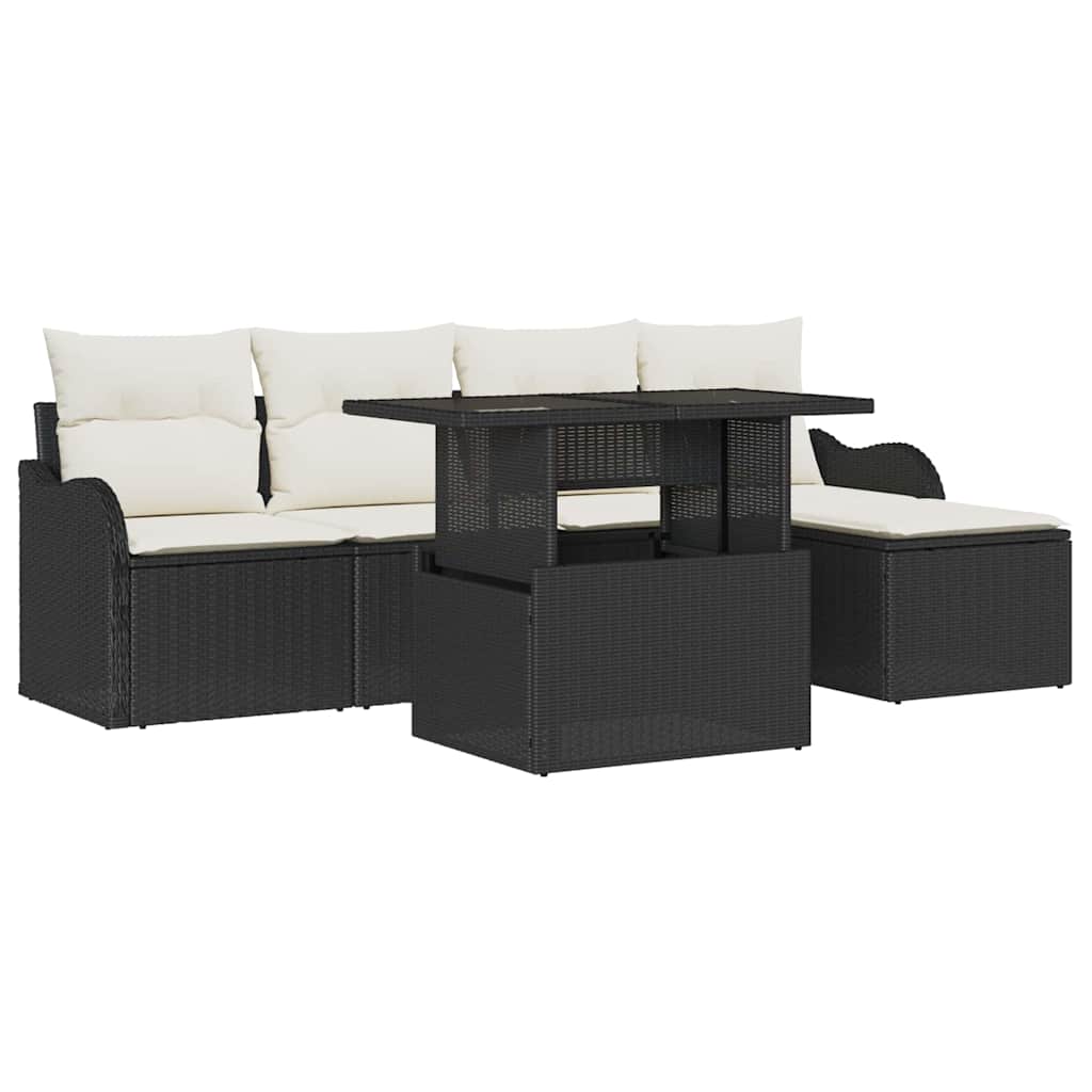 Udendørs siddesæt med pude 6 pcs Sort Poly rattan