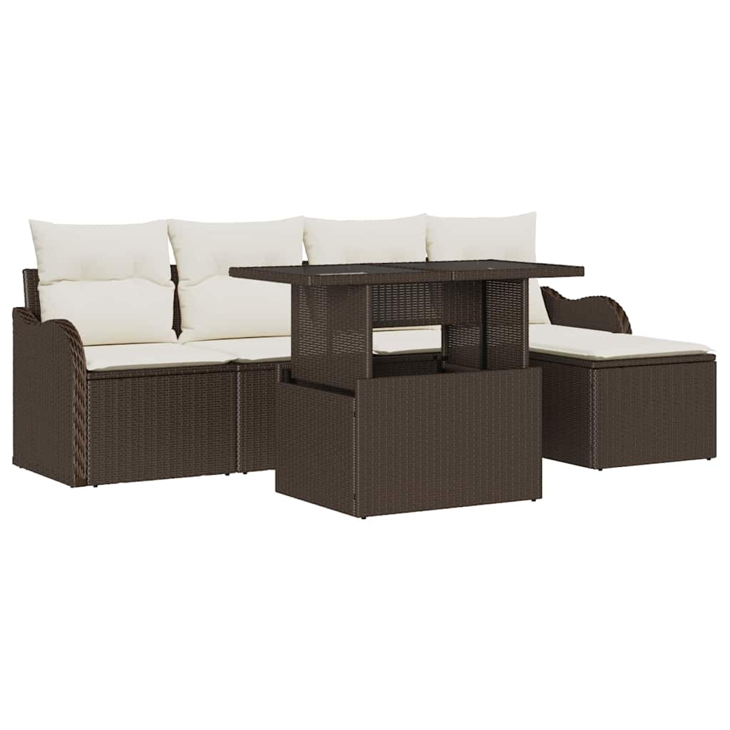 Udendørs siddesæt med pude 6 pcs Brun Poly rattan
