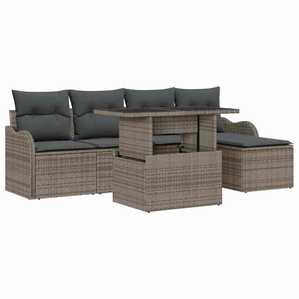 Udendørs siddesæt med pude 6 pcs Grå Poly rattan