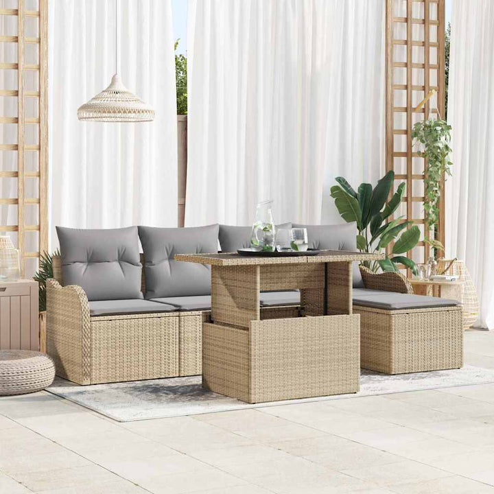 Udendørs siddesæt med pude 6 pcs Beige Poly rattan
