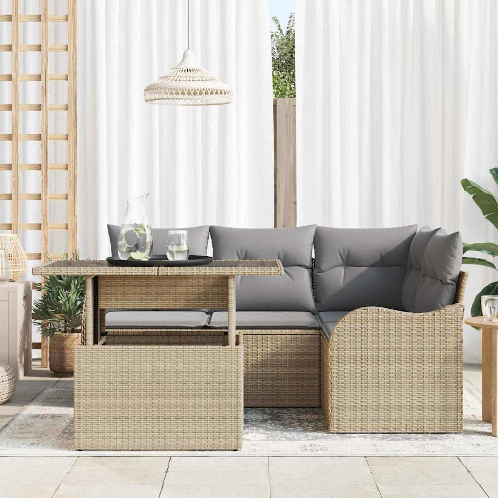 Udendørs spise sæt med pude 5 pcs Beige Poly rattan
