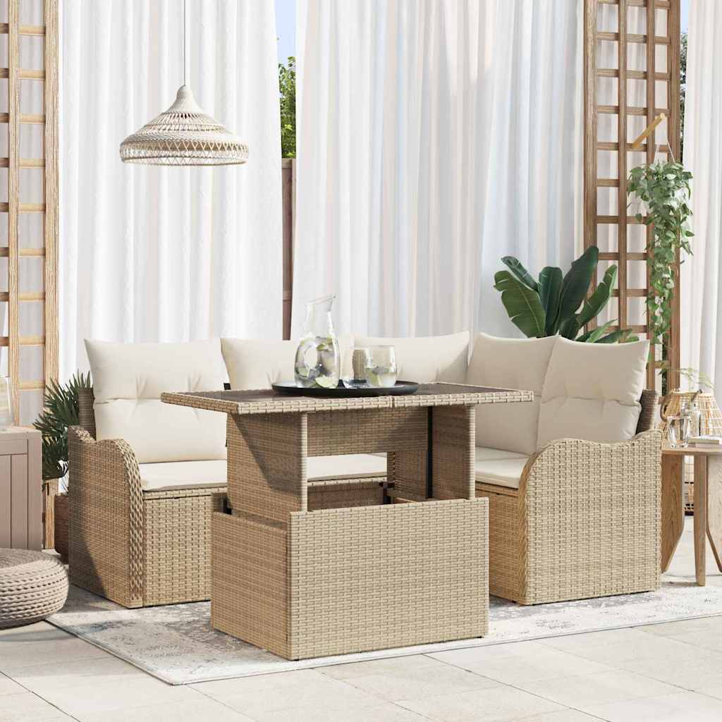 Udendørs spise sæt med pude 5 pcs Beige Poly rattan