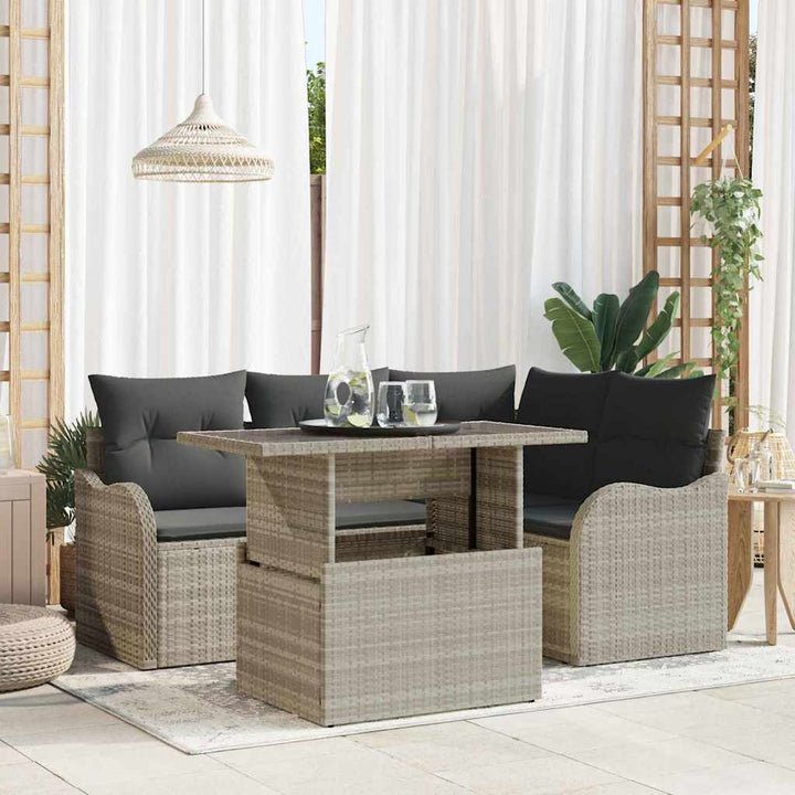 Udendørs spise sæt med pude 5 pcs Lysegrå Poly rattan