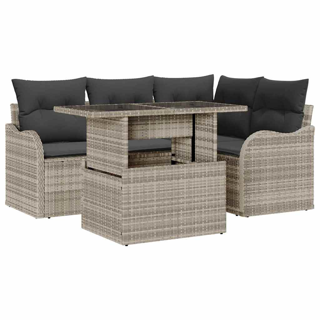 Udendørs spise sæt med pude 5 pcs Lysegrå Poly rattan