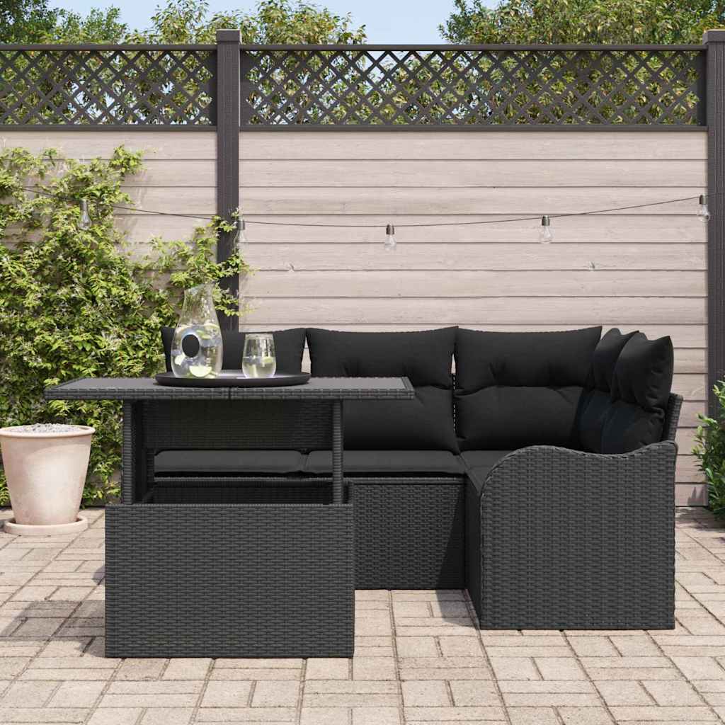 Udendørs spise sæt med pude 5 pcs Sort Poly rattan
