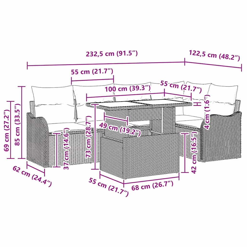 Spisestuesæt 6 stk. Sort Poly rattan