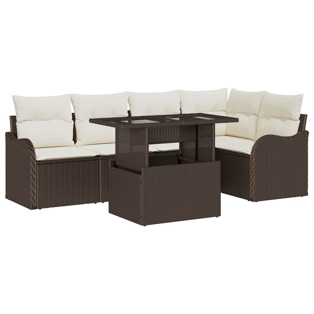 Spisestuesæt med pude 6 pcs Brun Poly rattan