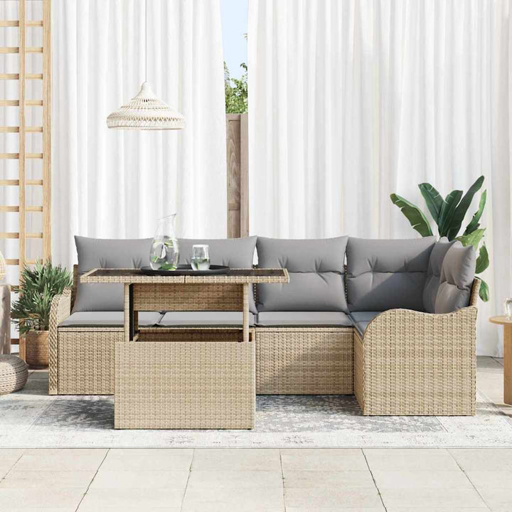 Spisestuesæt med pude 6 pcs Beige Poly rattan