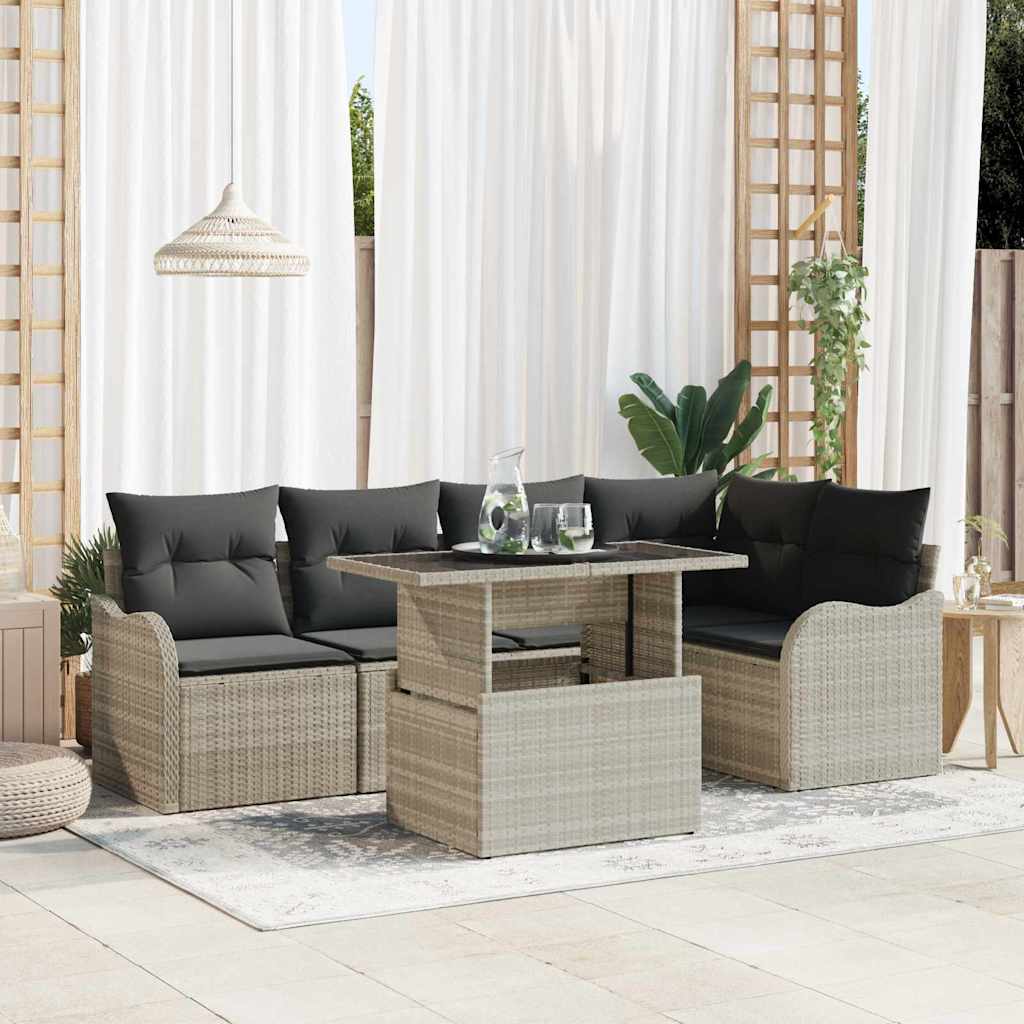 Spisestuesæt med pude 6 pcs Lysegrå Poly rattan
