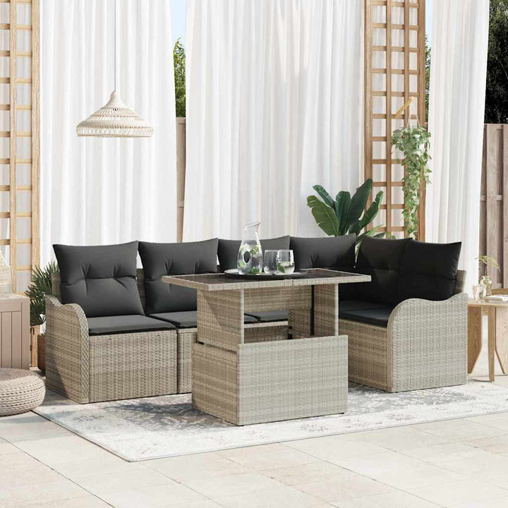 Spisestuesæt med pude 6 pcs Lysegrå Poly rattan
