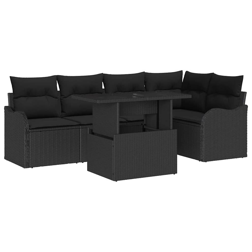 Spisestuesæt med pude 6 pcs Sort Poly rattan