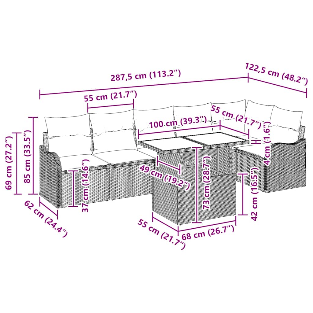 Sofa Sæt med pude 7 pcs Brun Poly rattan