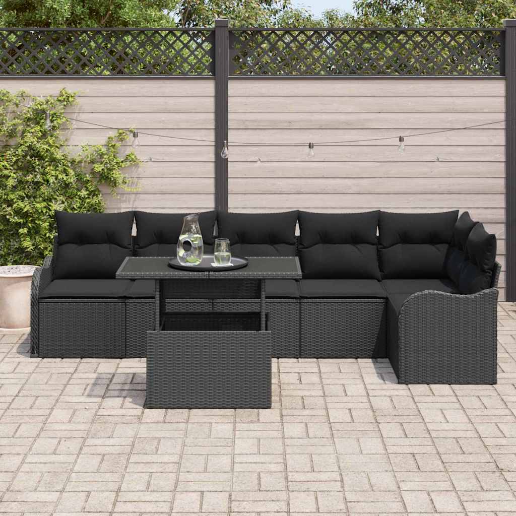 Sofa Sæt med pude 7 pcs Sort Poly rattan