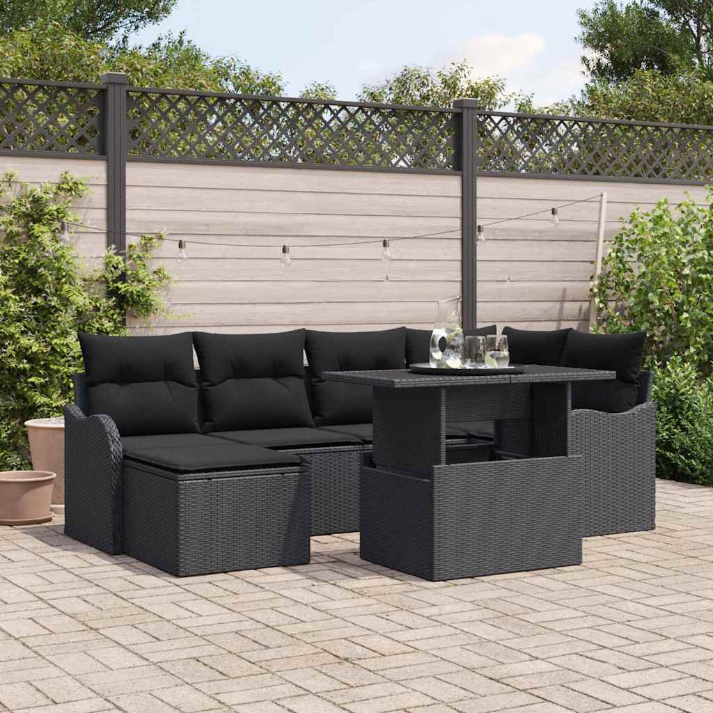 Havesofa Sæt med pude 7 pcs Sort Poly rattan