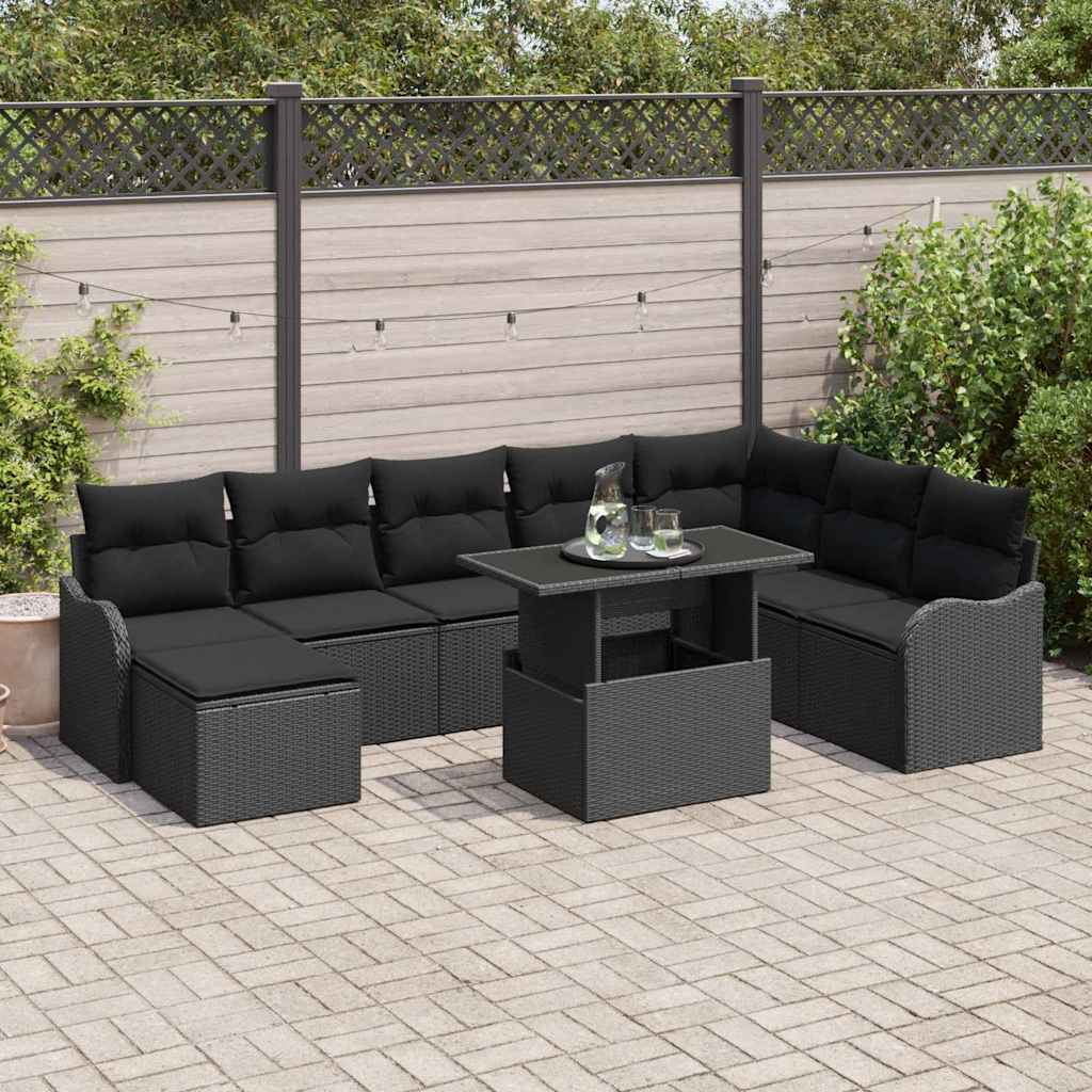 Havesofa Sæt med pude 9 pcs Sort Poly rattan