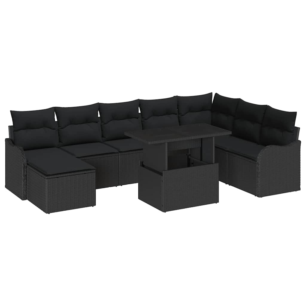 Havesofa Sæt med pude 9 pcs Sort Poly rattan