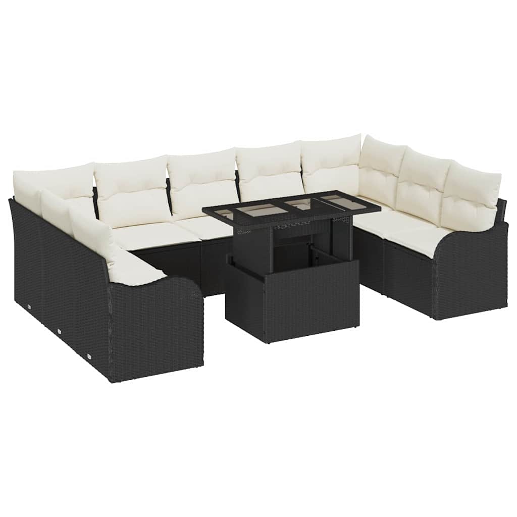 Havesofa Sæt med pude 10 pcs Sort Poly rattan