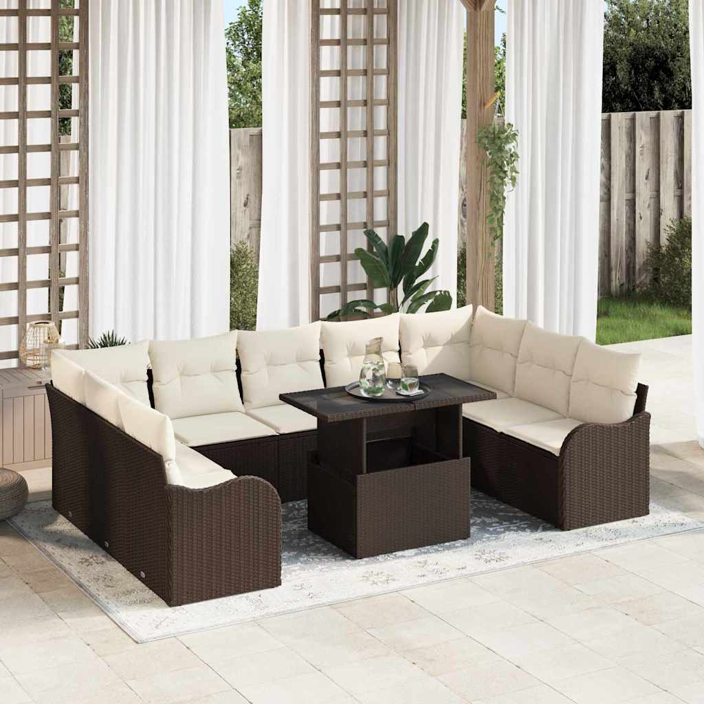 Havesofa Sæt med pude 10 pcs Brun Poly rattan
