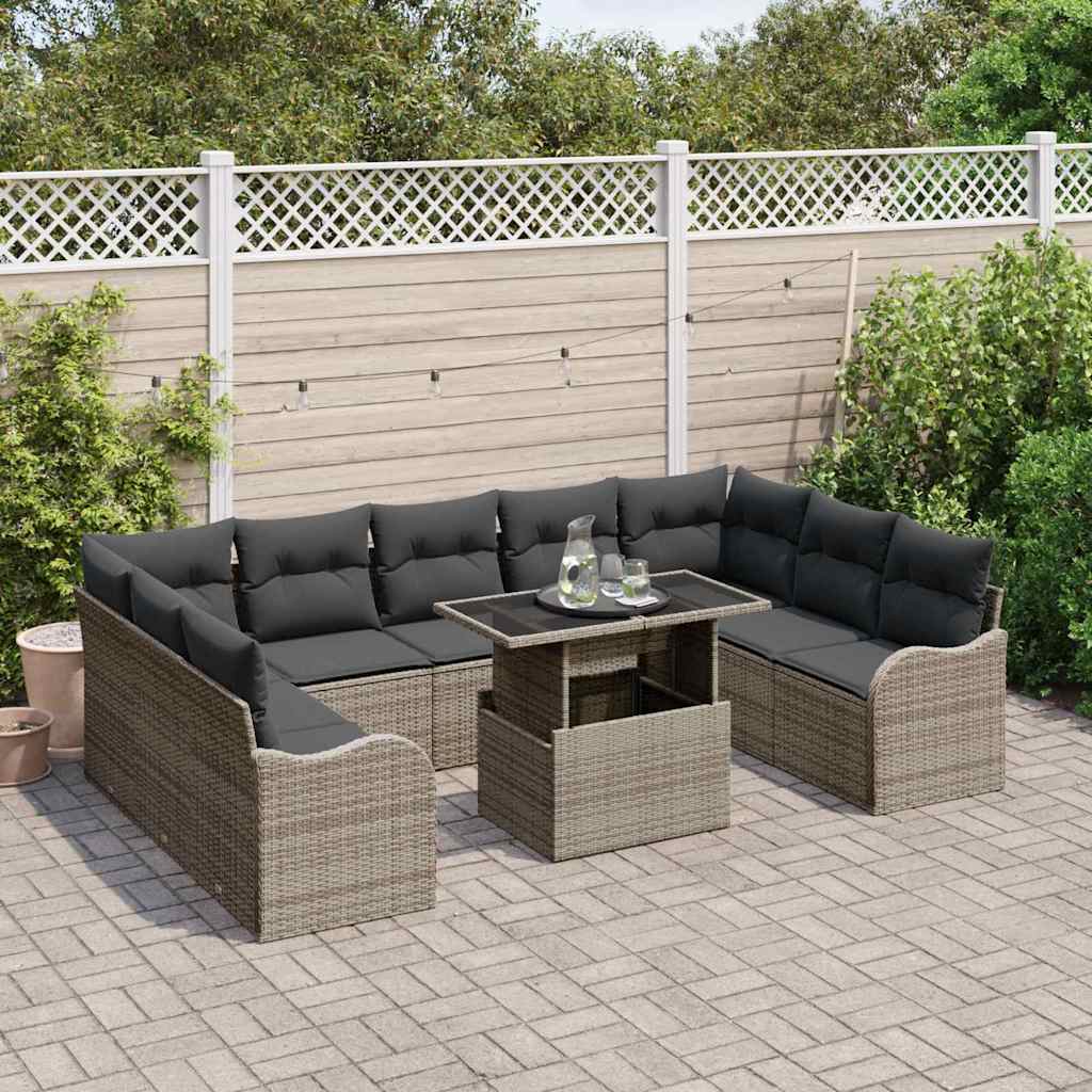 Havesofa Sæt med pude 10 pcs Grå Poly rattan