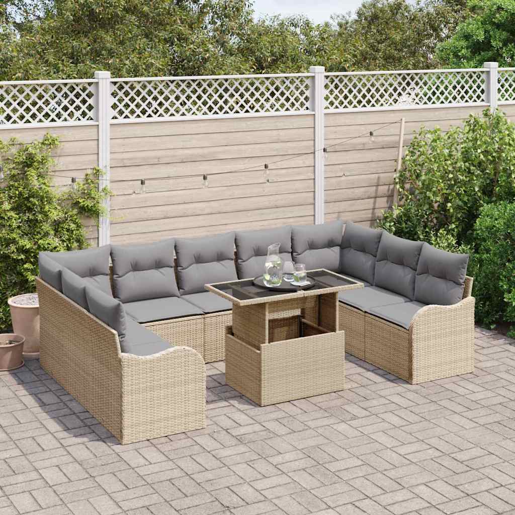 Havesofa Sæt med pude 10 pcs Beige Poly rattan