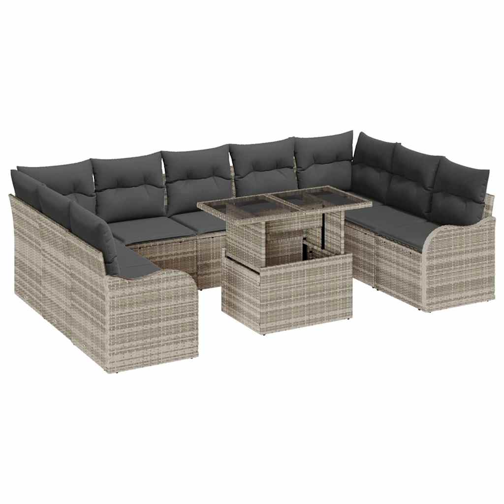 Havesofa Sæt med pude 10 pcs Lysegrå Poly rattan