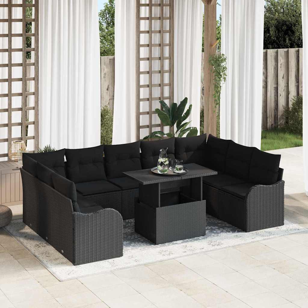 Havesofa Sæt med pude 10 pcs Sort Poly rattan