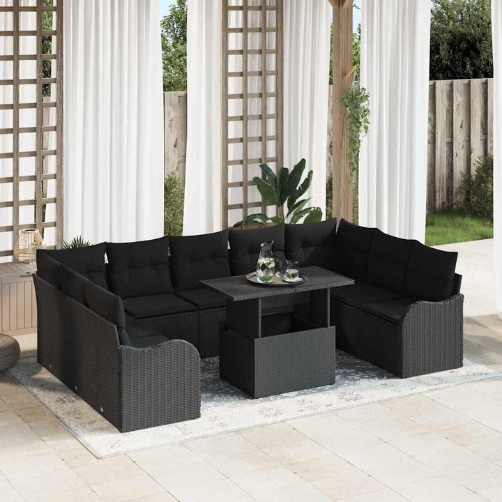 Havesofa Sæt med pude 10 pcs Sort Poly rattan