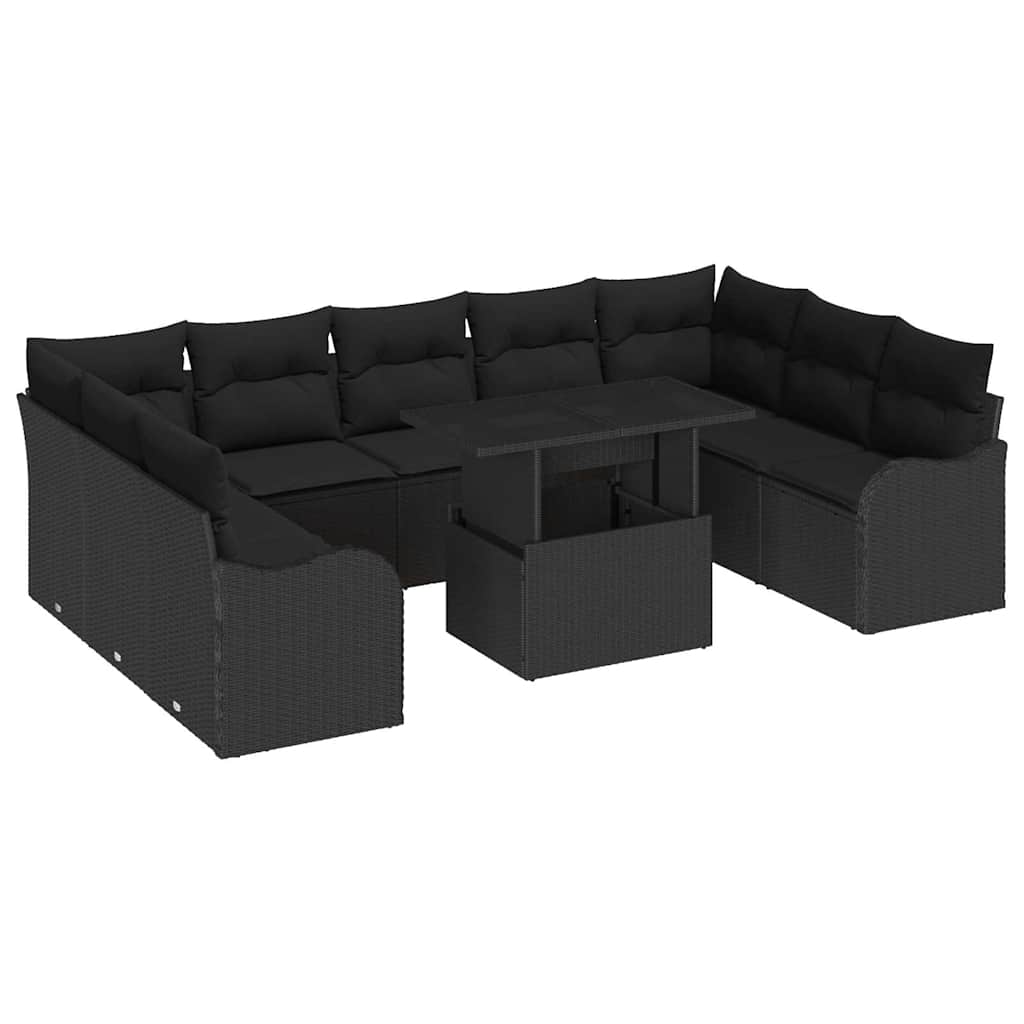Havesofa Sæt med pude 10 pcs Sort Poly rattan