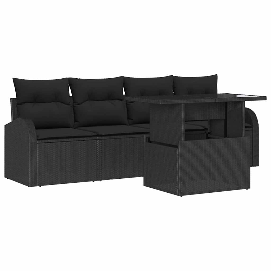 Havesofa Sæt med pude 5 pcs Sort Poly rattan
