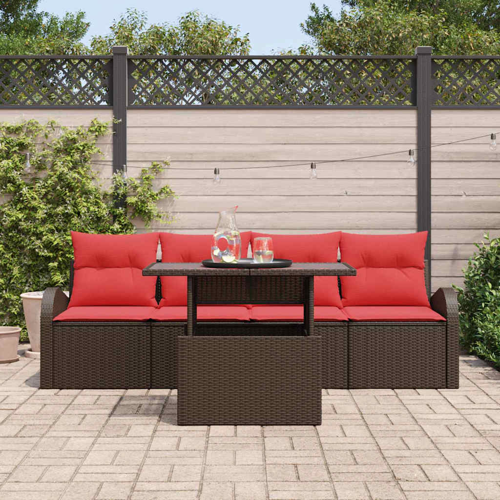 Havesofa Sæt med pude 5 pcs Brun polyrattan