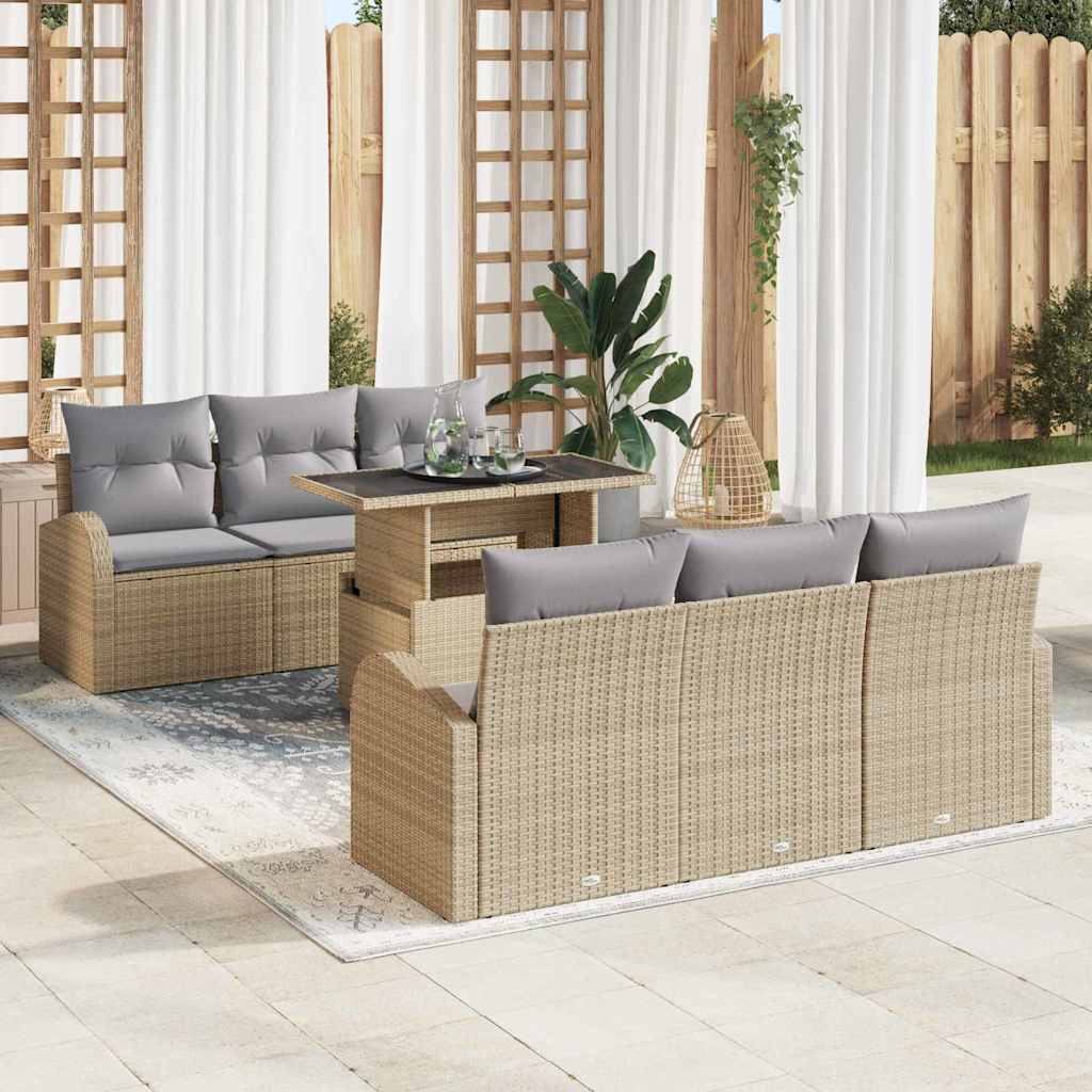 Havesofa Sæt med pude 7 pcs Beige Poly rattan