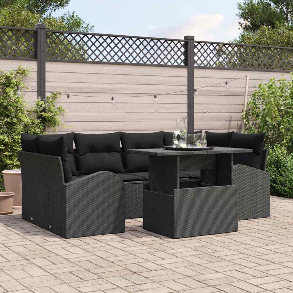 Havesofa Sæt med pude 7 pcs Sort Poly rattan