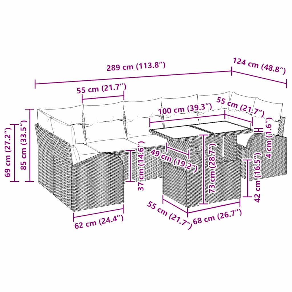 Havesofa Sæt 8 stk. Sort polyrattan