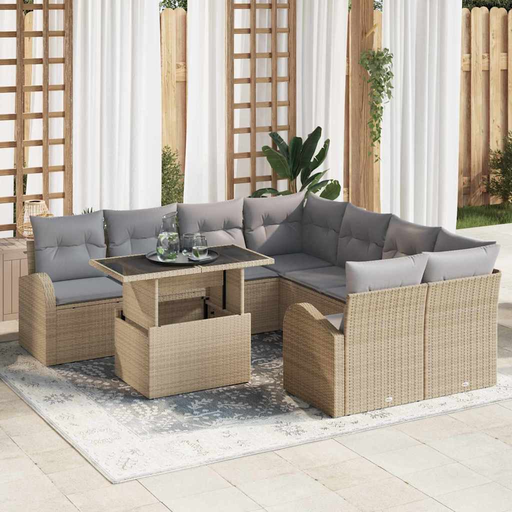 Havesofa Sæt med opbevaring 9 pcs Beige polyrattan